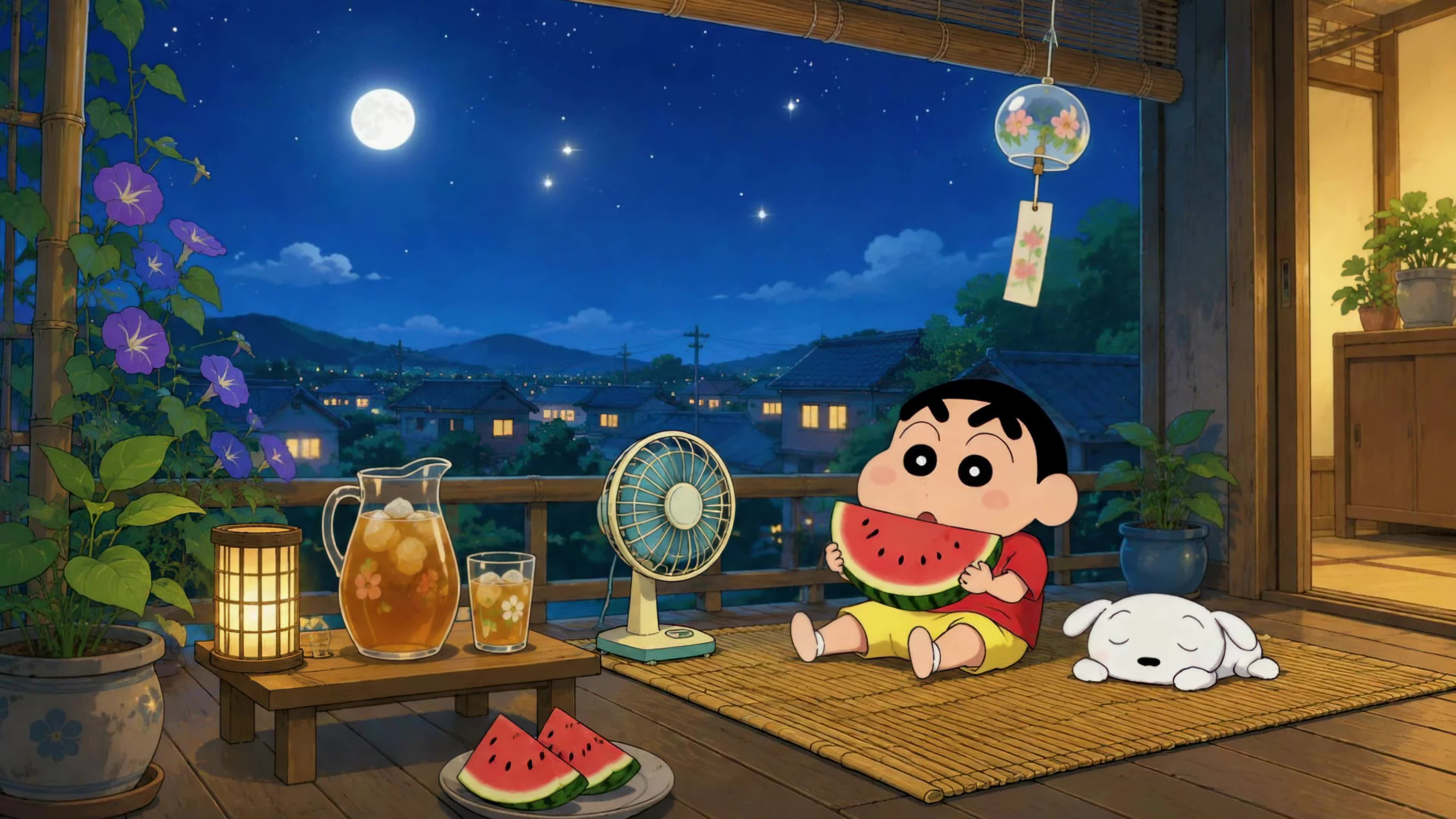 夏夜庭院纳凉蜡笔小新