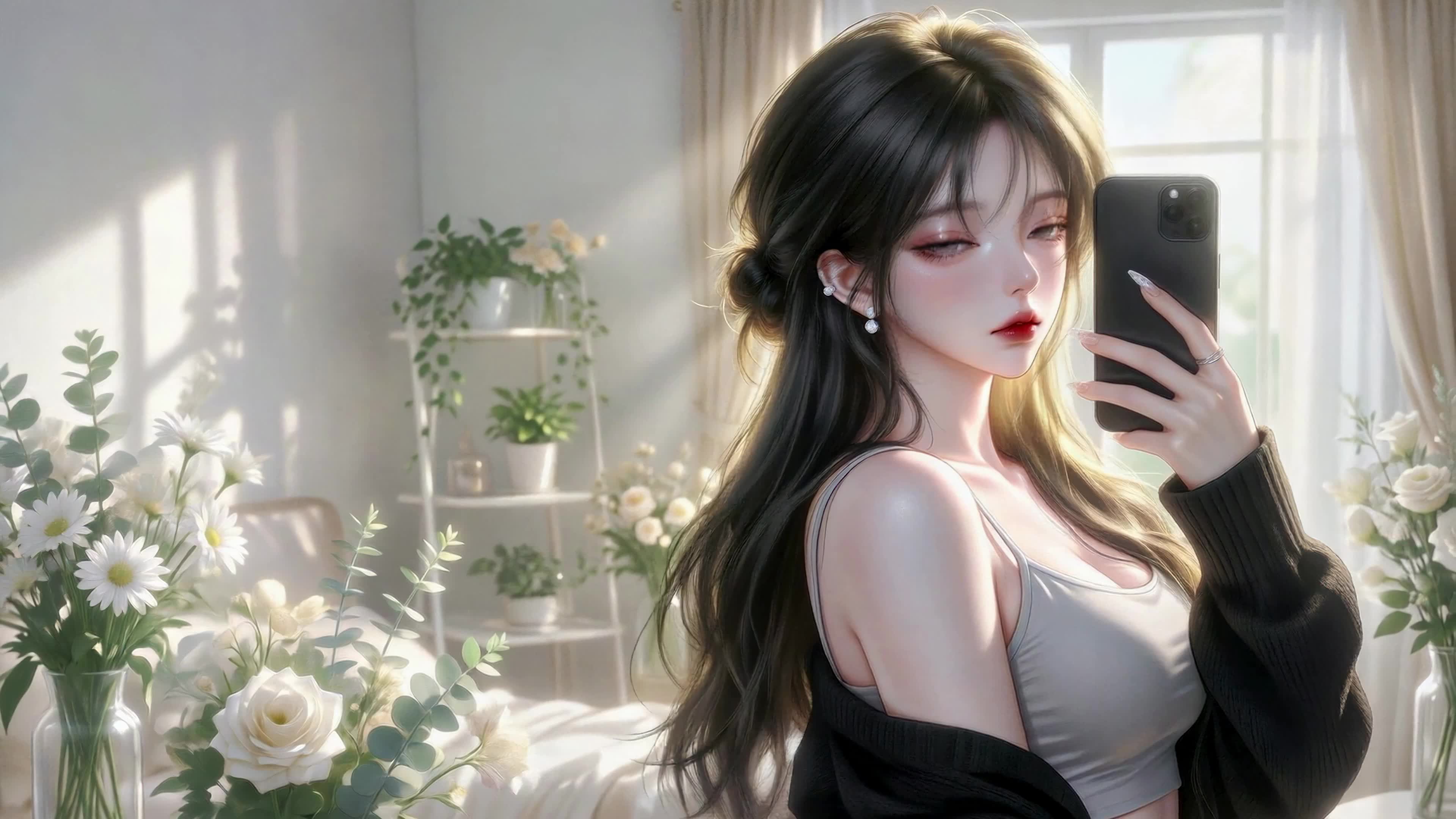 晨光花艺房对镜自拍少女