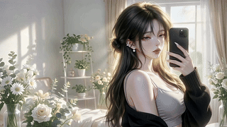 晨光花艺房对镜自拍少女