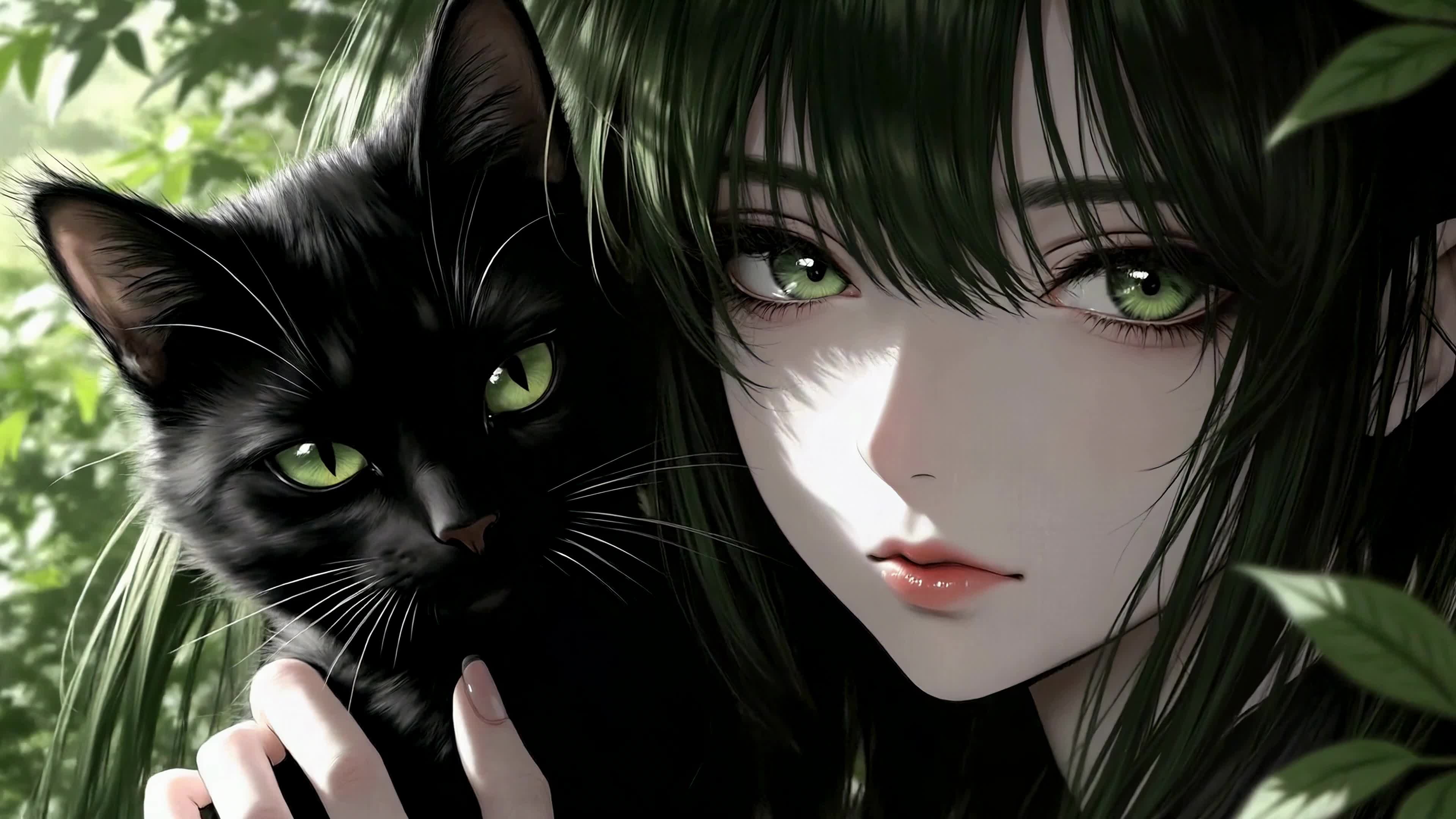 绿发少女与黑猫