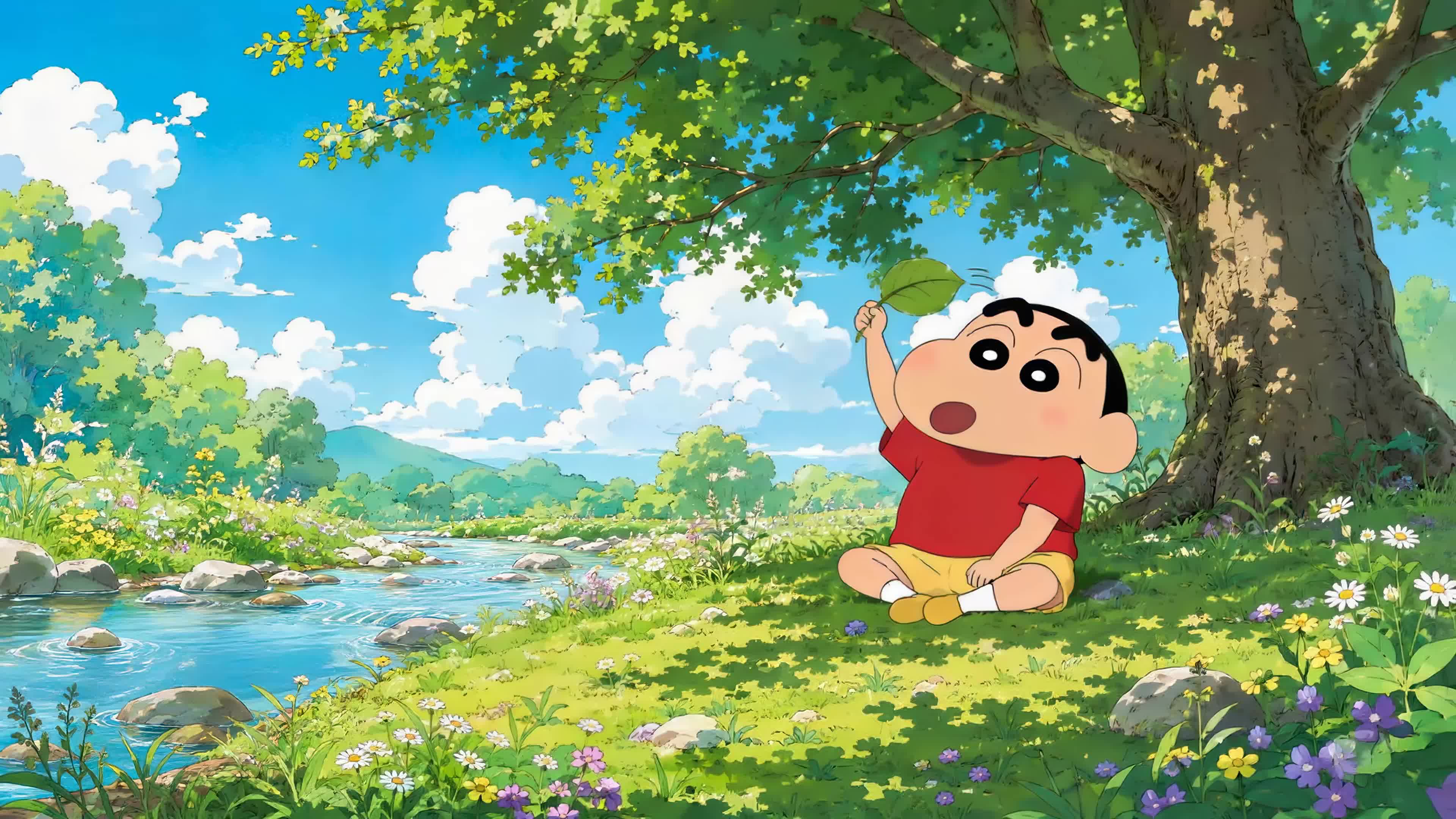 夏日溪边悠闲小男孩