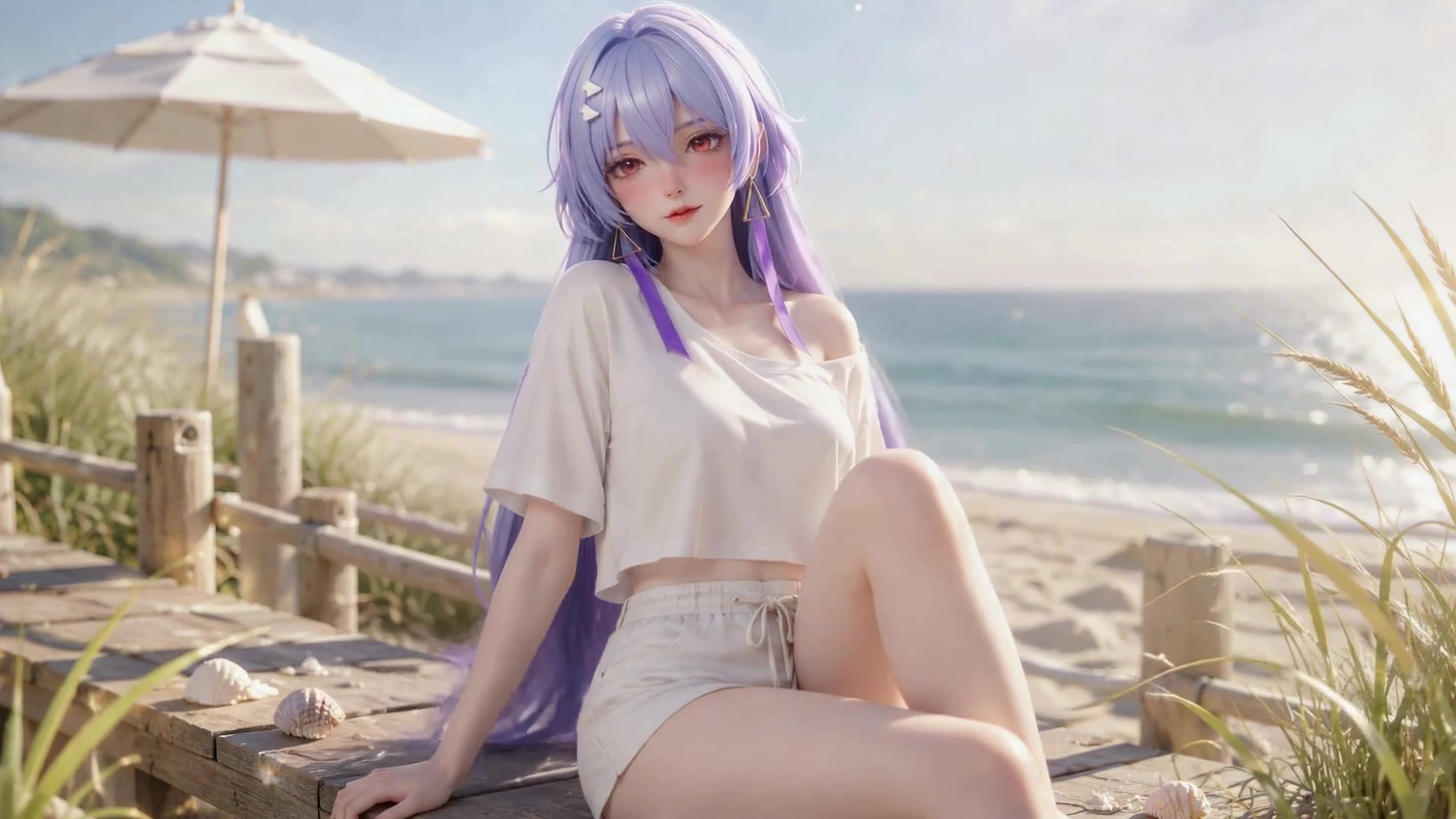 海滩边的紫发少女莫宁