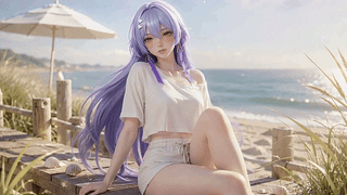 海滩边的紫发少女莫宁