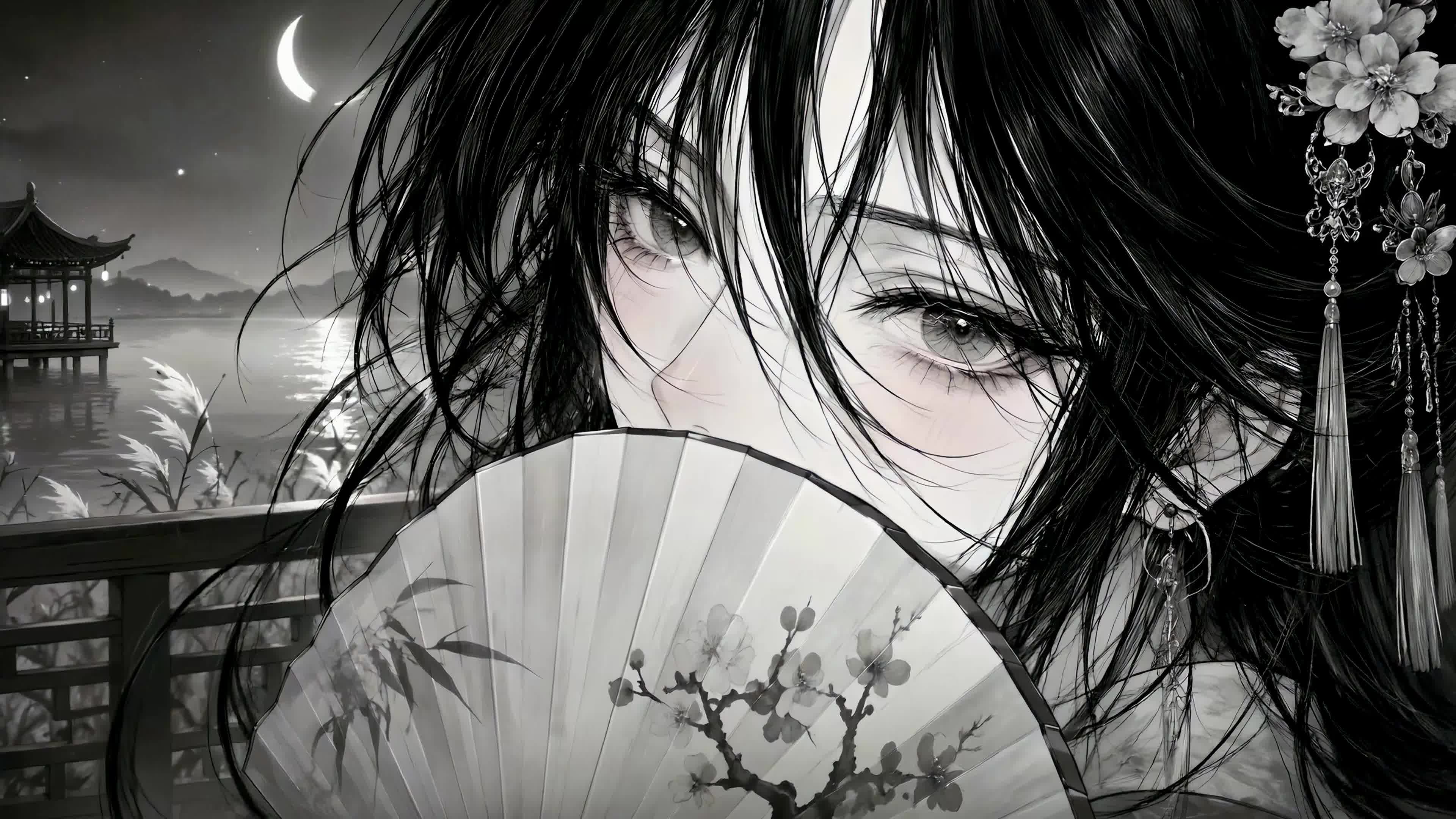 月夜湖畔遮扇古风少女