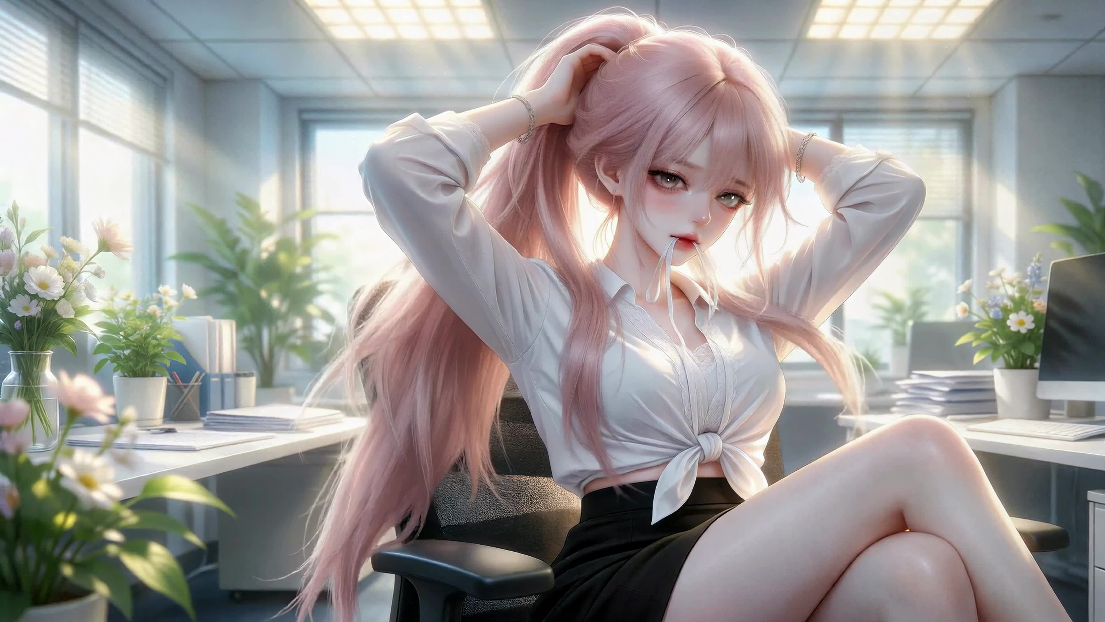 办公室慵懒粉发少女