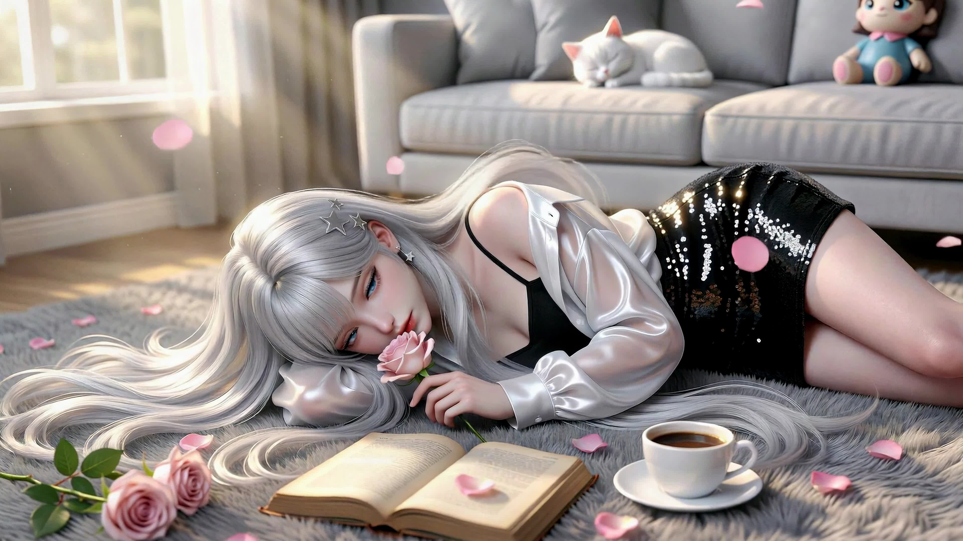 慵懒银发少女的午后时光