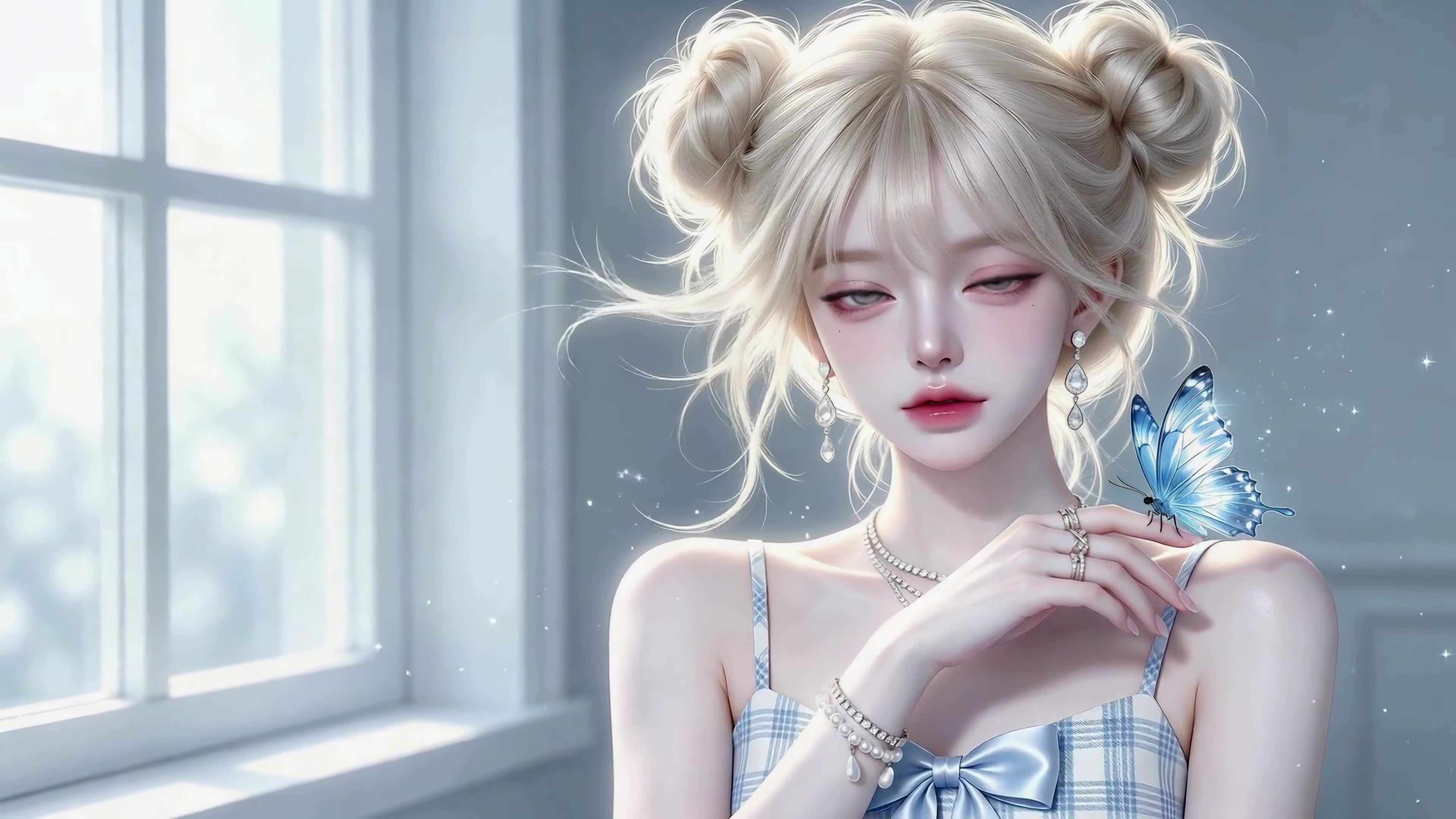 窗边清透蓝蝶少女