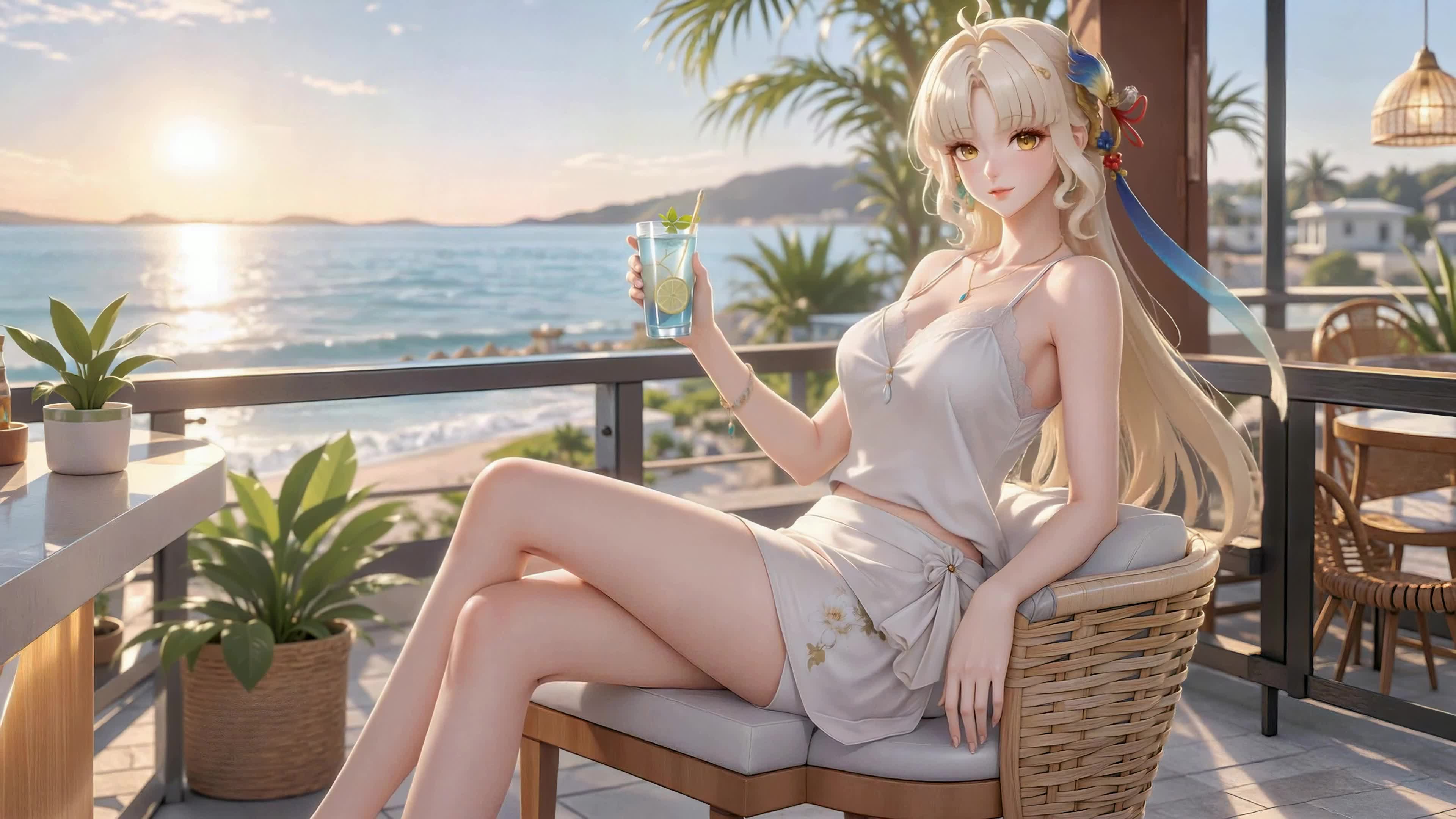 海滨露台休闲少女