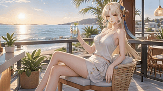 海滨露台休闲少女