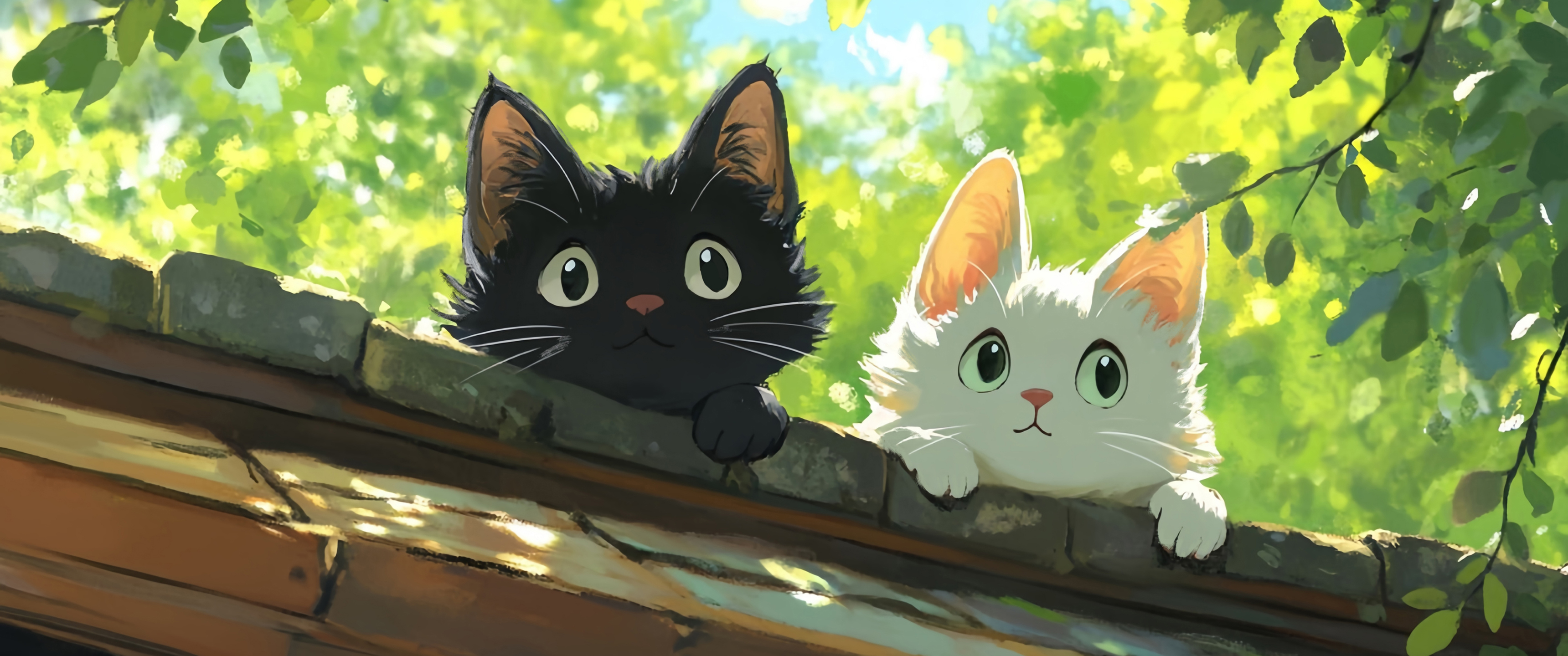 墙头双猫 树荫 场景 绘