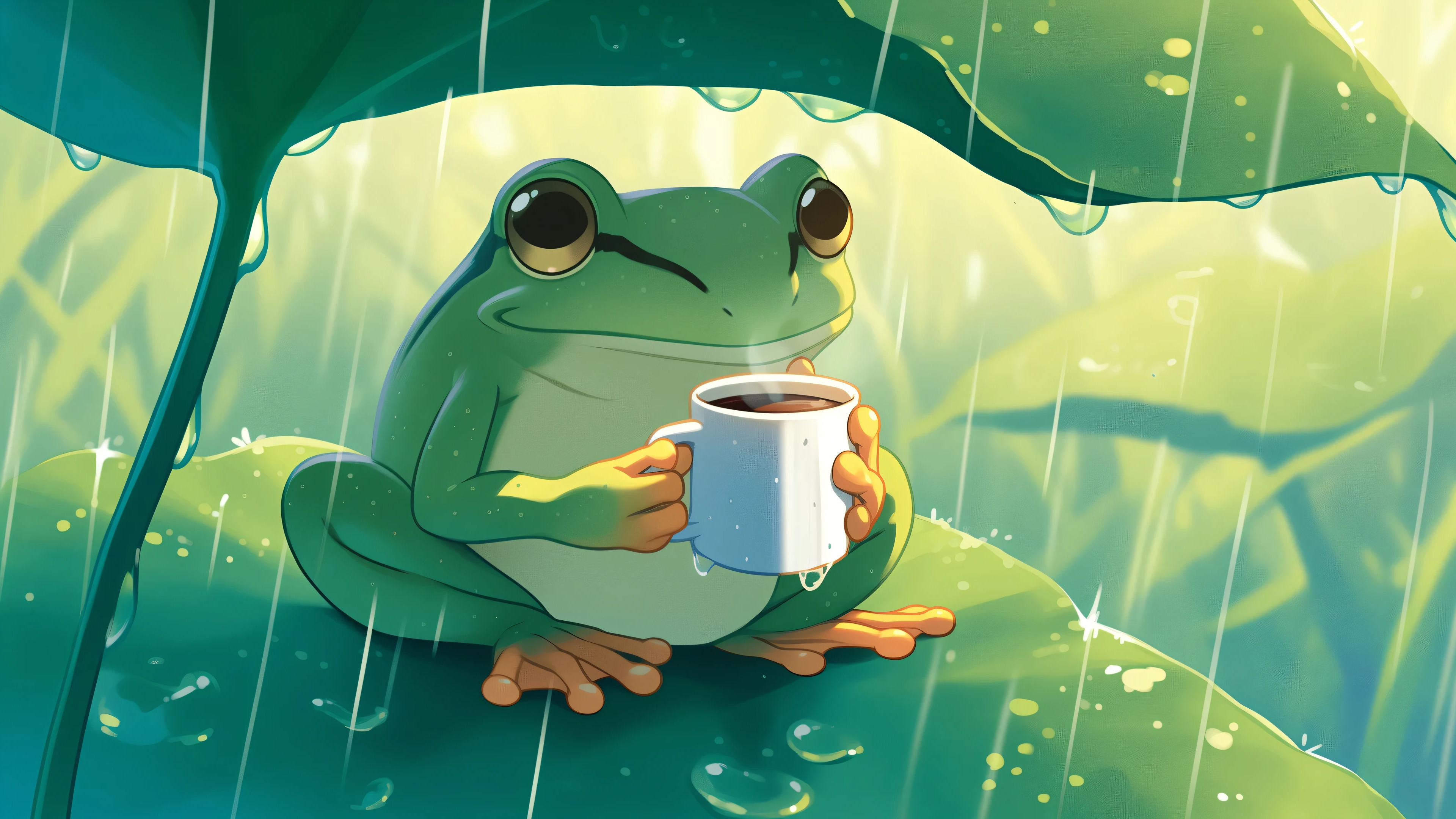 插画 青蛙 咖啡 荷叶 雨
