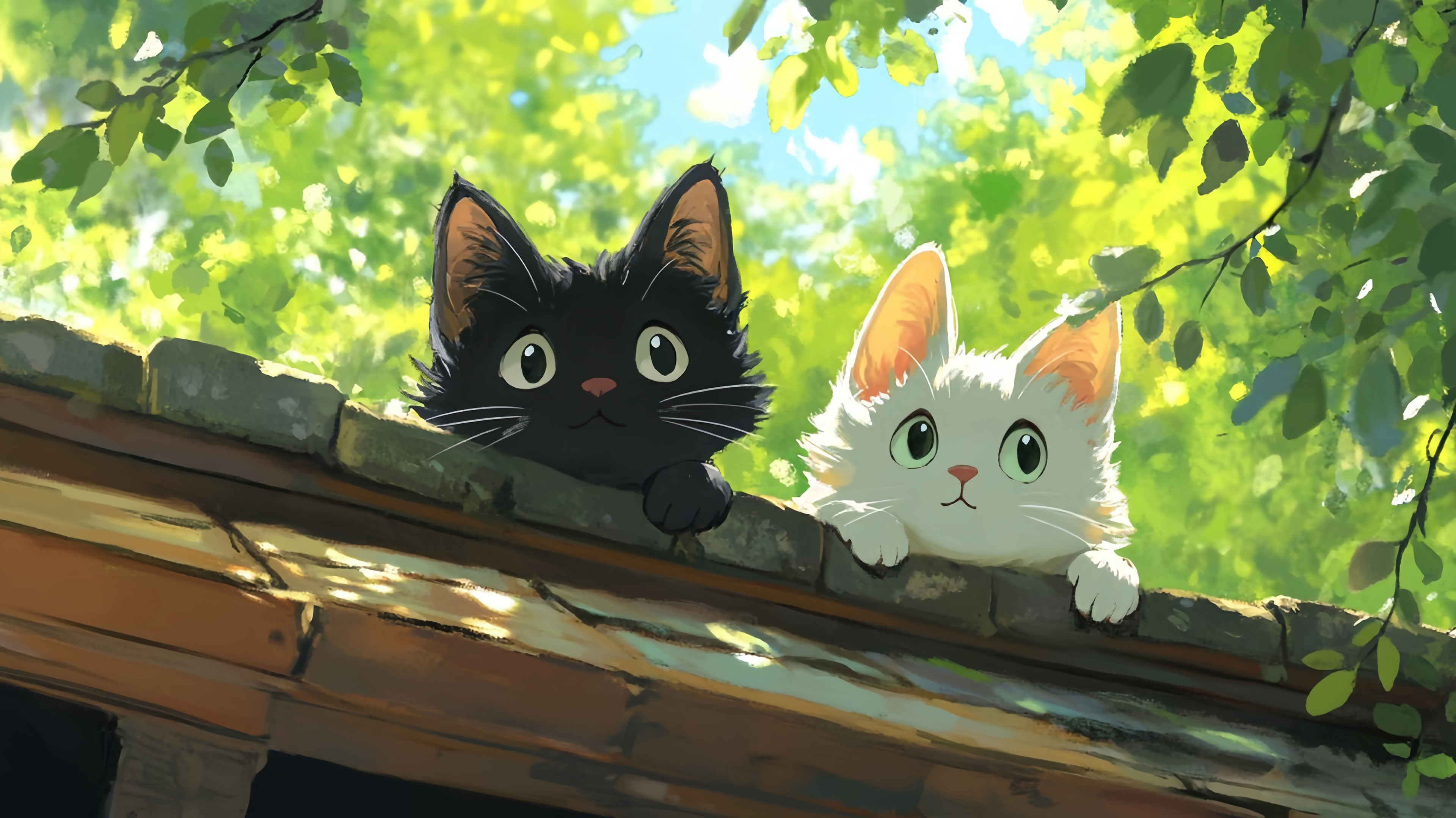 绘画 墙头双猫 夏日树荫