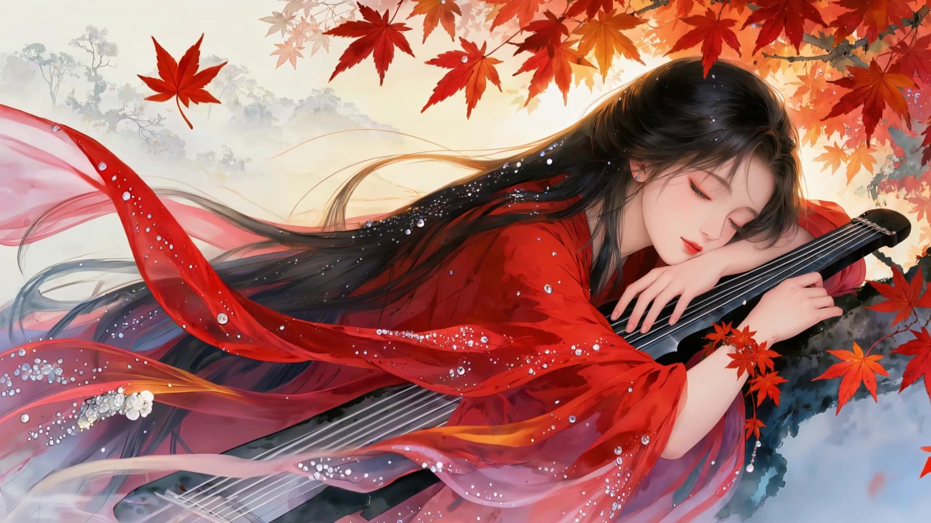 红衣枕琴少女
