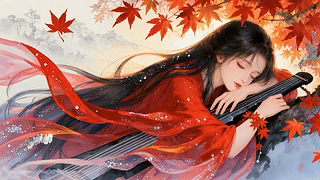 红衣枕琴少女