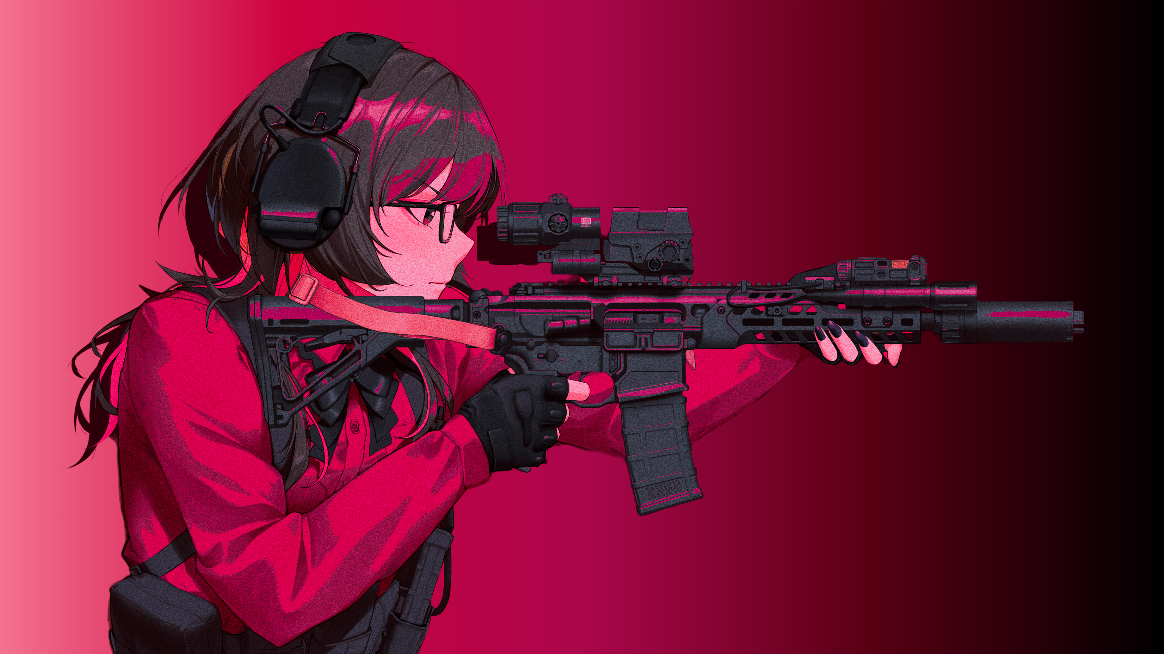 动漫女孩 眼镜 耳机 极简主义 红色渐变背景 4K超高清壁纸3840x2160