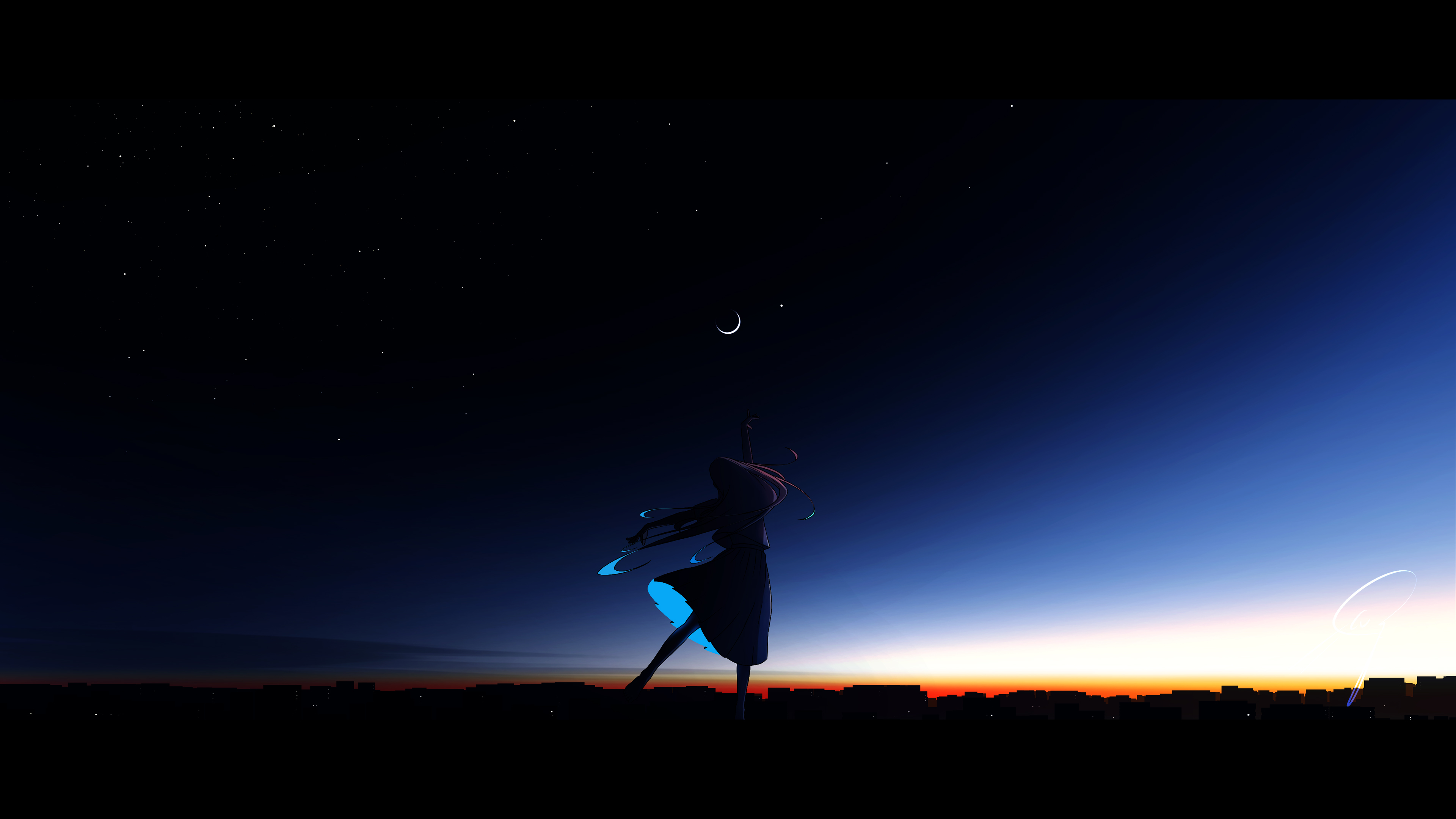 动漫少女 连衣裙 星空 跳舞 月亮 简约暗黑 4K极简高清壁纸