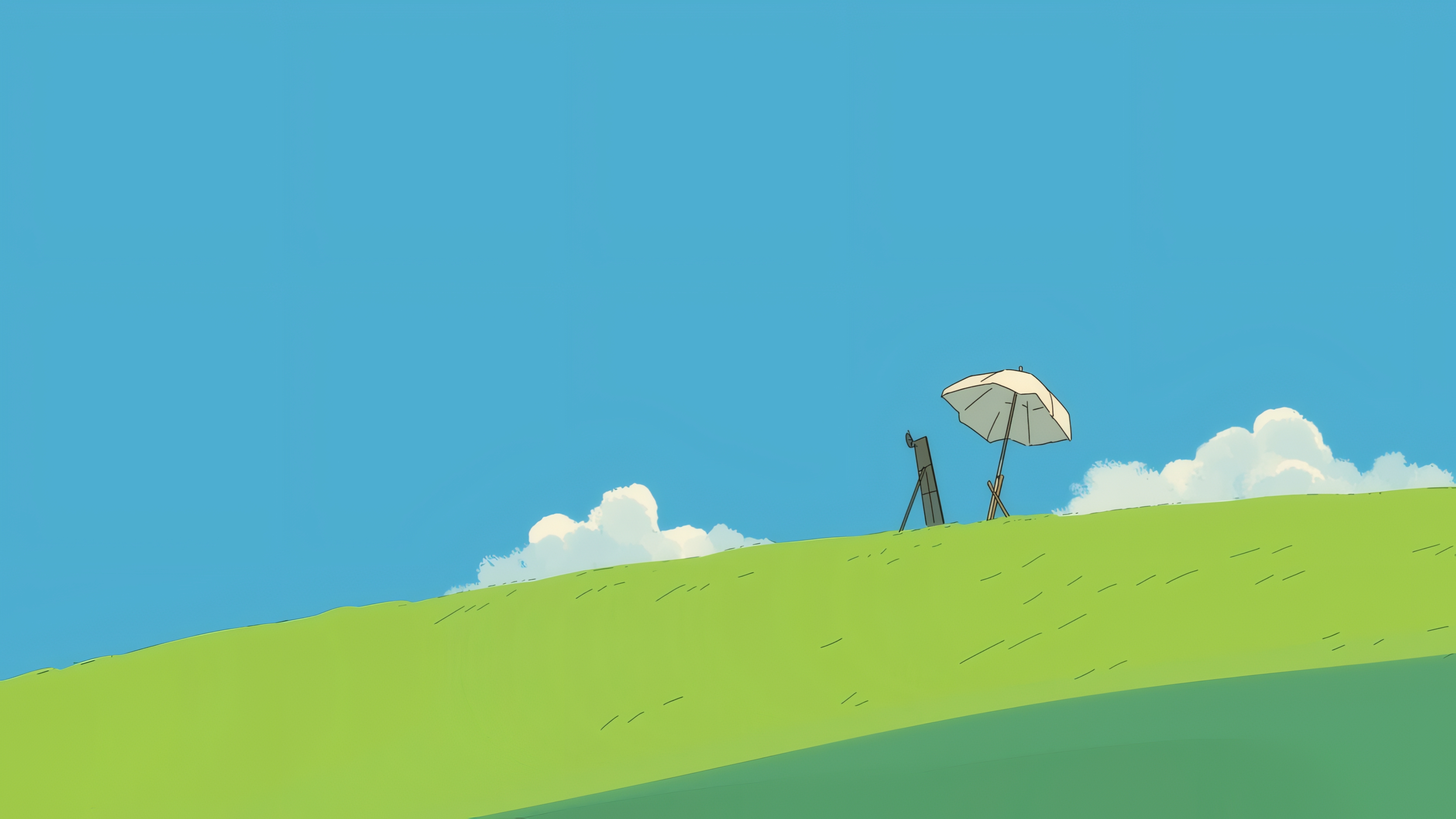 简约风景 蓝天 白云 绿草地 伞 画板 4K极简壁纸3840x2160