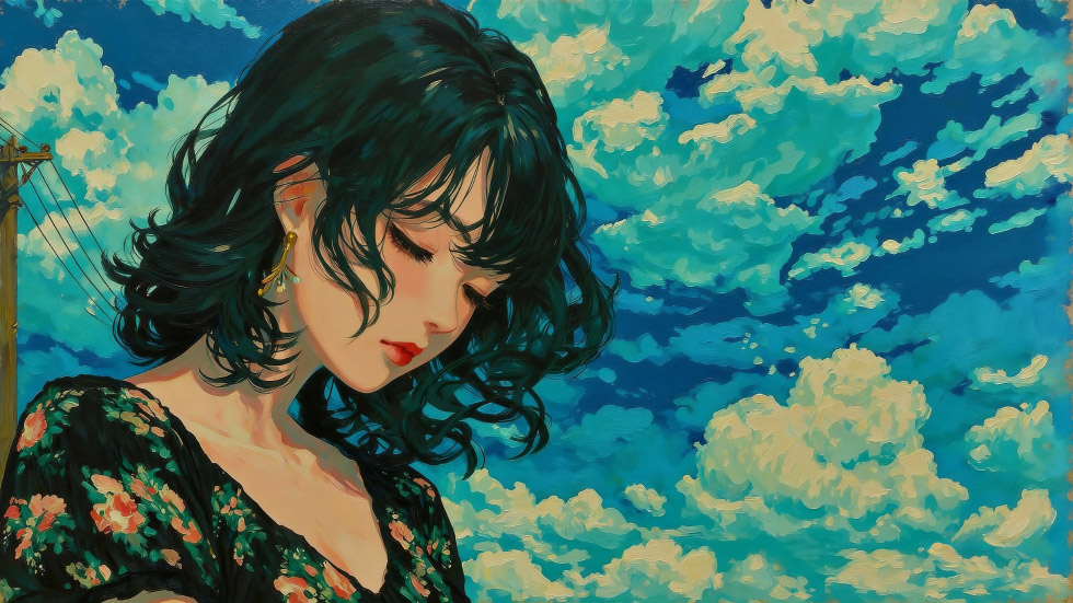 卷发少女 碎花裙 油画风_d225393d4827