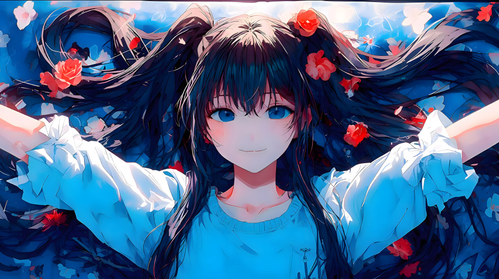 双马尾 蓝眼少女 红色玫瑰_66df70e41eec