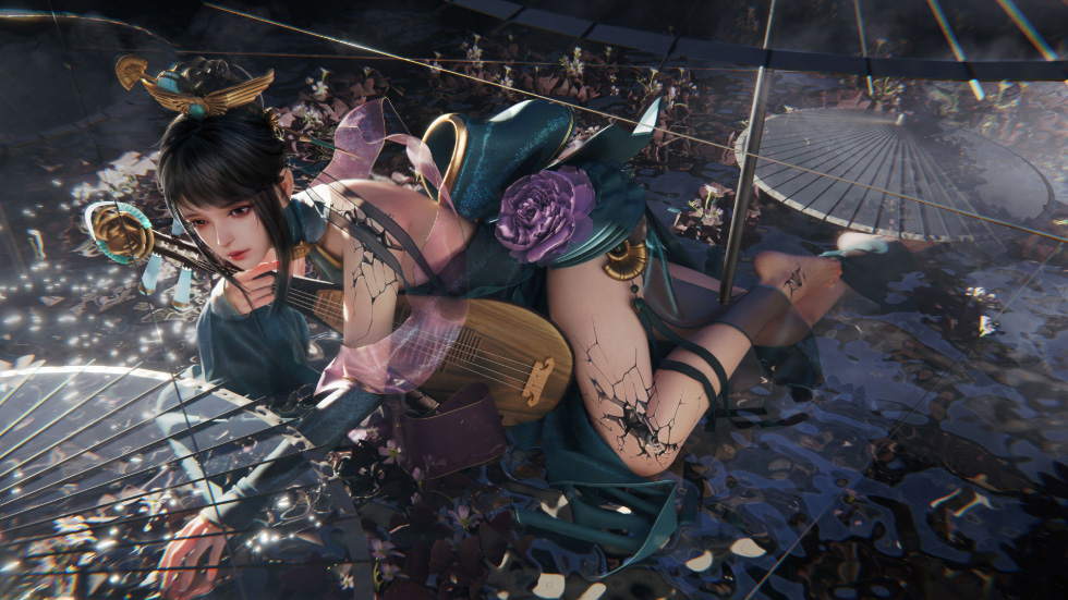 古风少女手持‌折扇与琵琶 水泽油纸伞_e812f7e8c5e4