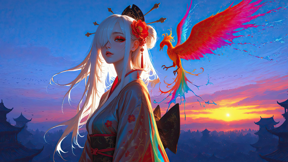 和服少女与炫彩凤凰 古风奇幻_c5a40a7046ef