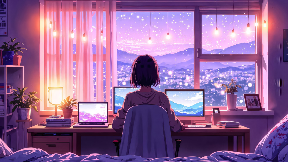 坐在电脑前的女孩背影_e0bbc3f819e9