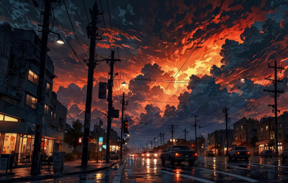 天空火烧云 雨夜都市街道_99e9b6511cb8