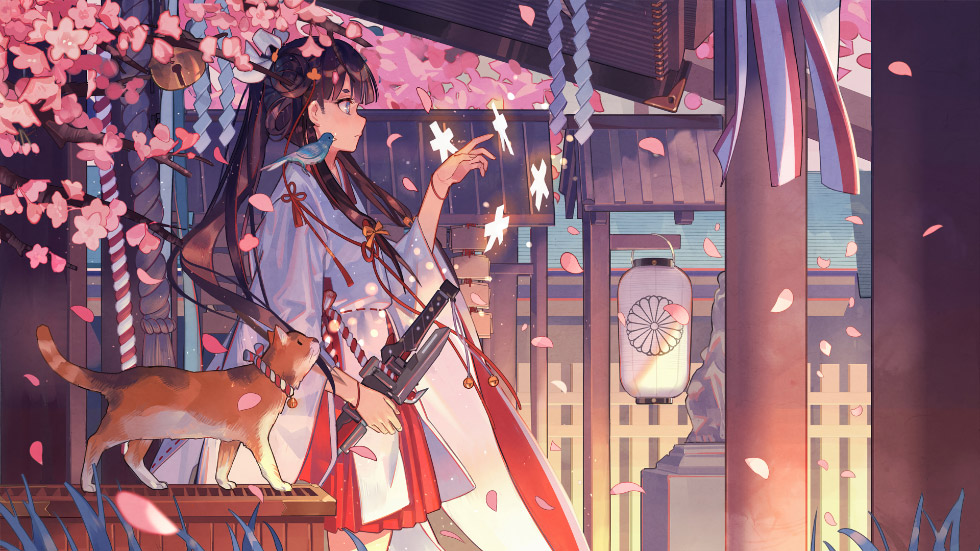 巫女服少女 樱花纷飞神社_afb523a5fdc4