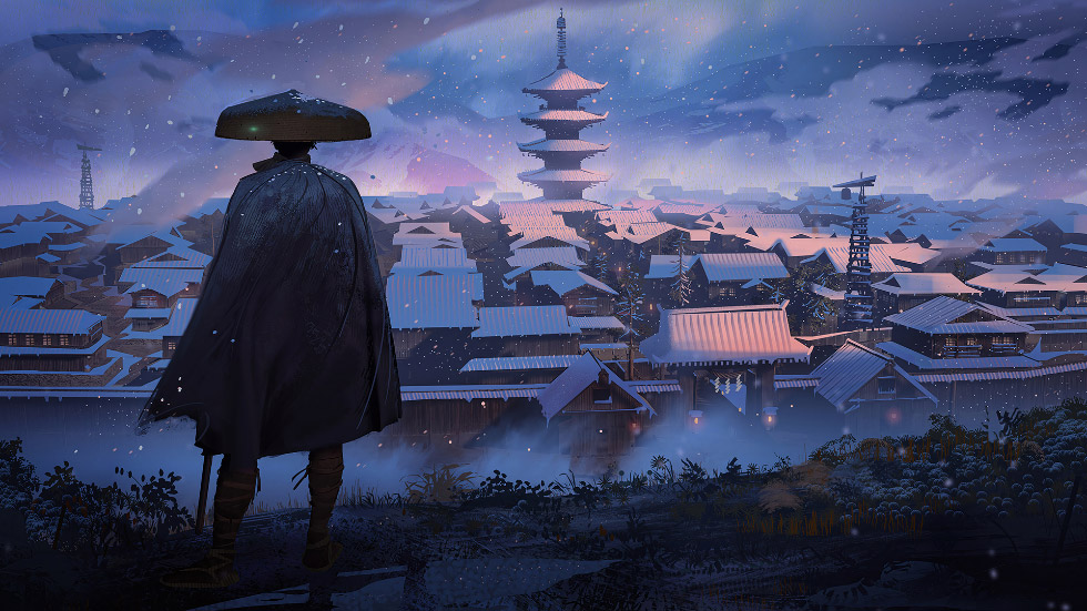 斗笠侠客背影 城镇雪景_28fa7649812e