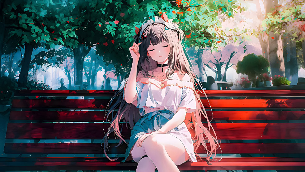 林间红长椅小憩的二次元女孩_358769180abb