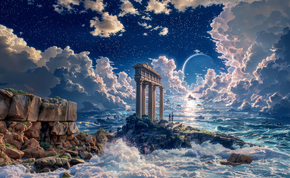 海边古希腊柱式建筑 翻涌云海_67946f4b2431