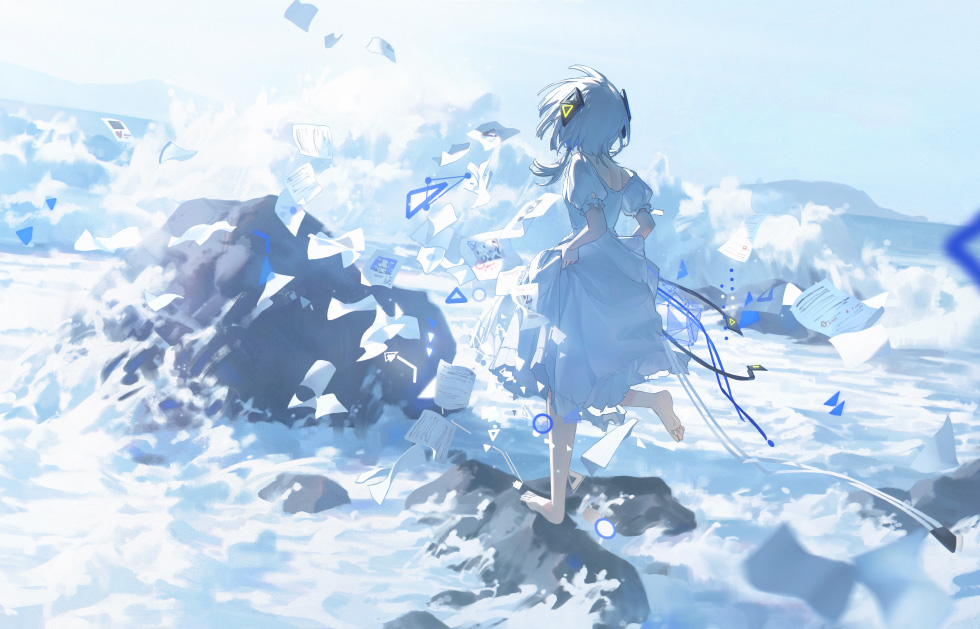 海边少女 礁石奔跑_5fa28b47019b