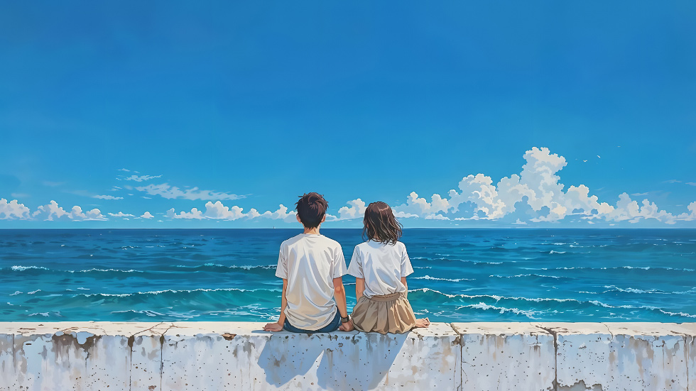 海边情侣背影 海浪蓝天_4ce0addb22ed