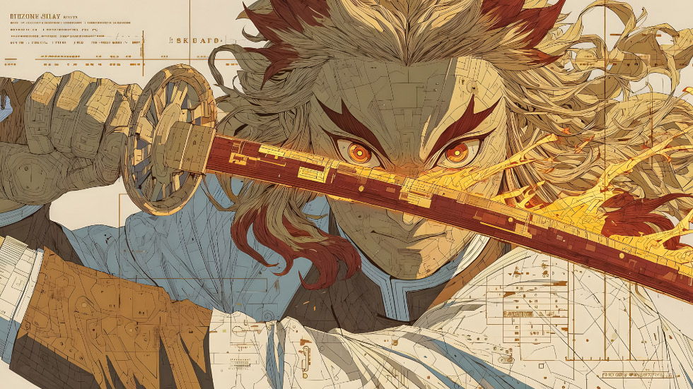 炼狱杏寿郎 鬼灭之刃 日轮刀线稿风_4f1836cb602e
