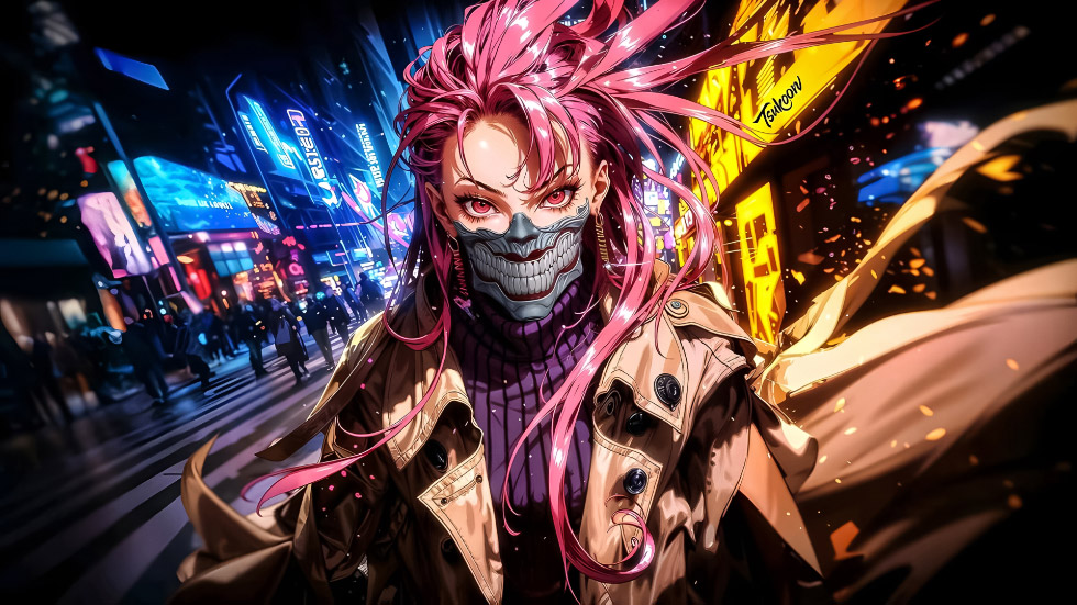 粉发面具少女 霓虹都市_c38609713f7a