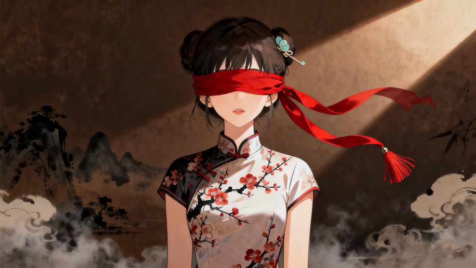 红绸蒙眼美女 旗袍水墨风_7caa25281706