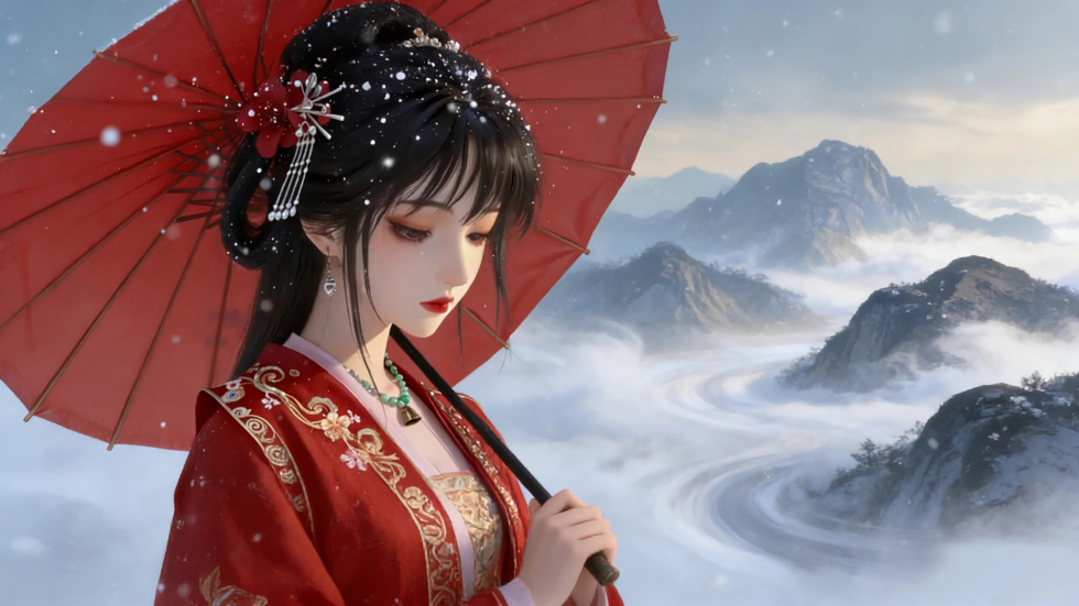 红色汉服女子 朱红色油纸伞_3fcaafa07e4a