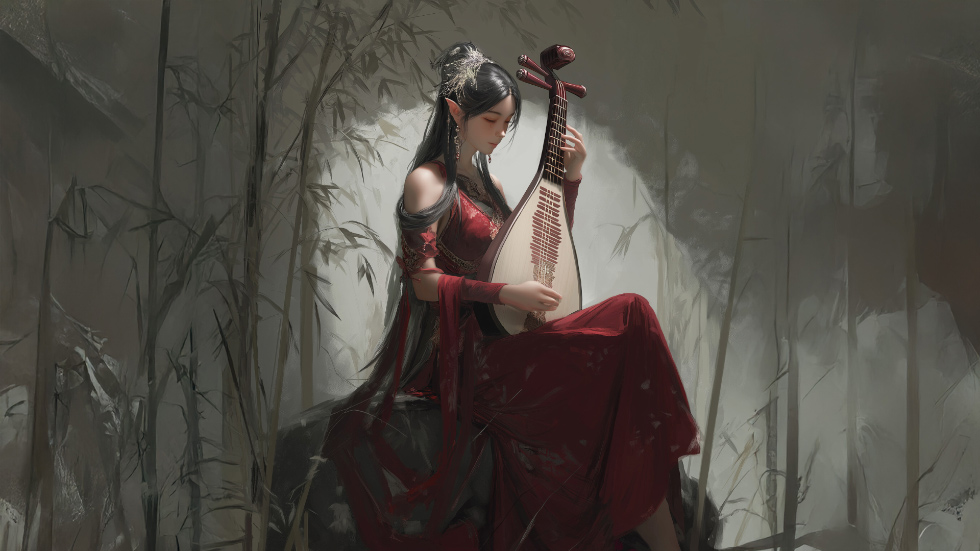 红裙精灵妹子 竹林弹琵琶_59336cf7af51