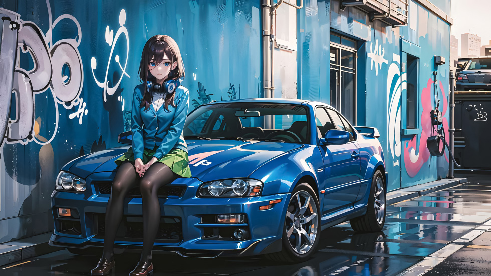 耳机少女 蓝色跑车 街头涂鸦风_9d9740507408