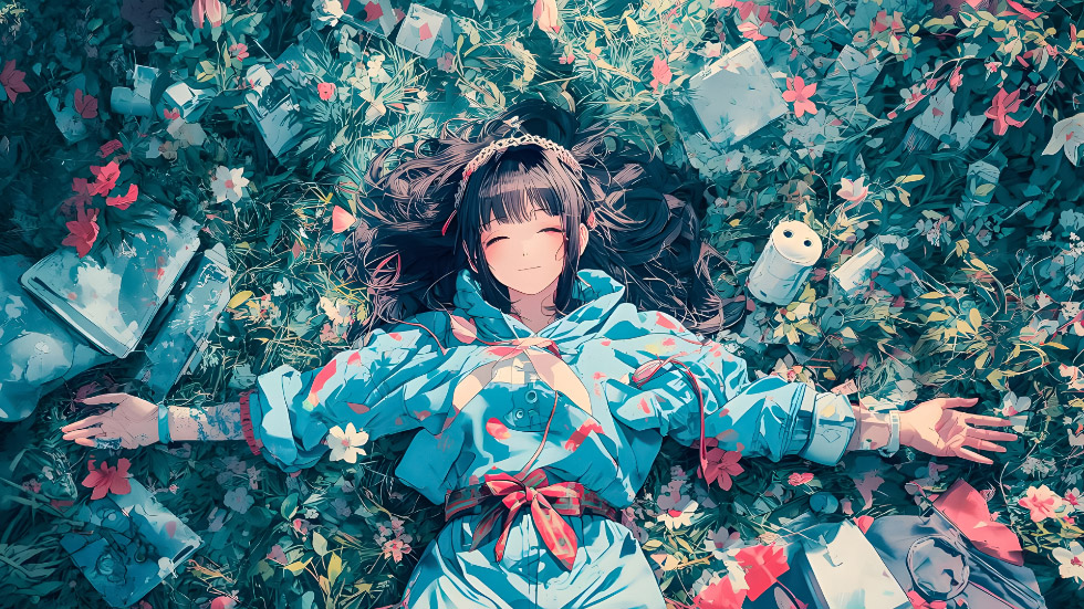 花海躺卧休憩的和服少女_ae78d400441a