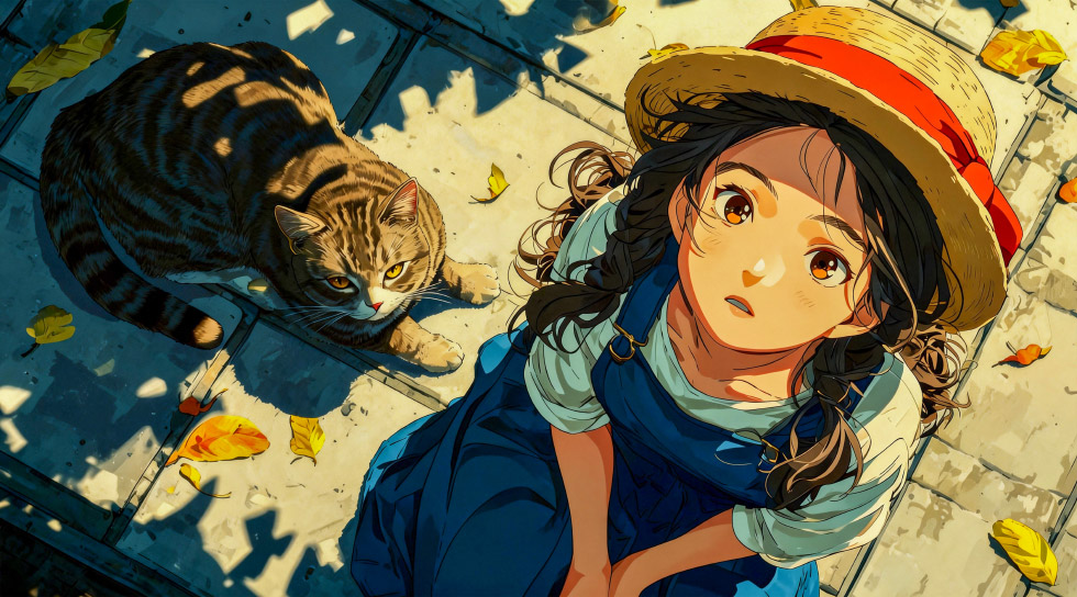 草帽女孩与虎斑猫 秋叶暖阳_91b08a3669c8