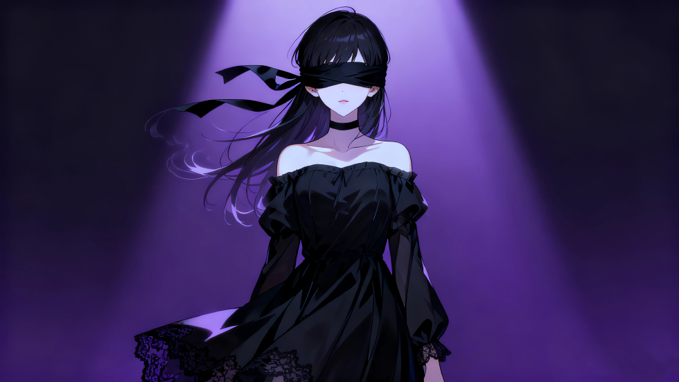 蒙眼女孩 黑色裙子 紫色光影_76c83138df10