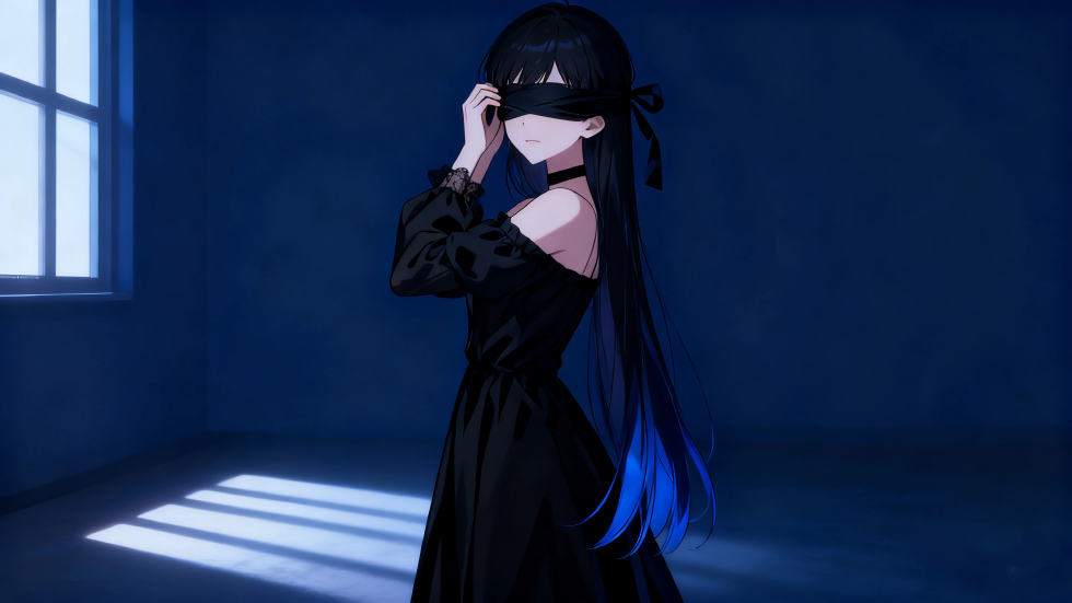 蒙眼黑裙女孩 黑色长发_a1676f288f29