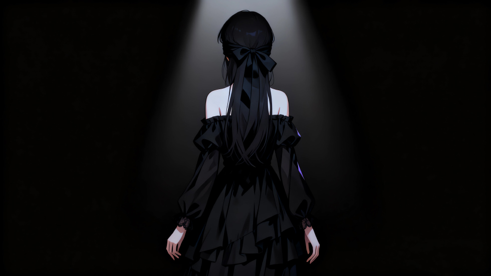 蒙眼黑裙美女 背影 黑色背景_9e606594f727