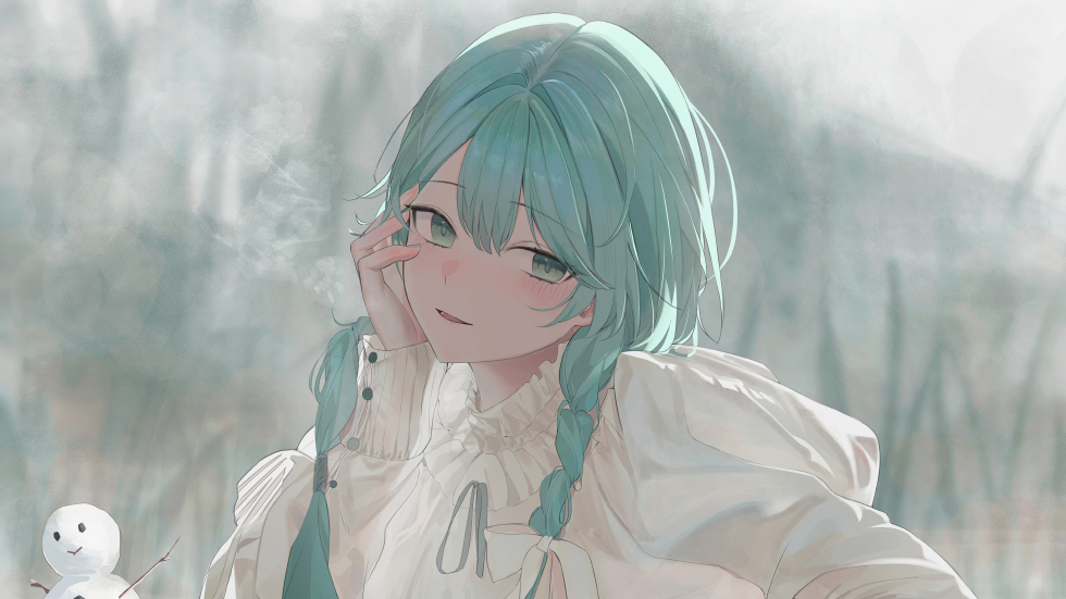 蓝发双辫少女 雪人相伴_4e9228fb50d0
