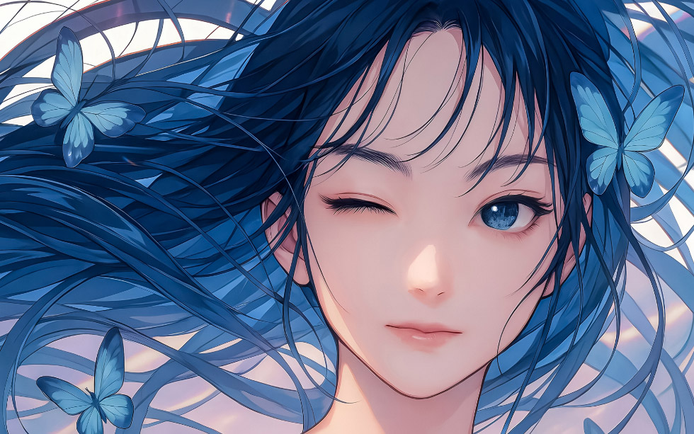 蓝发少女单眼闭合 蝴蝶伴舞_c574584a16de