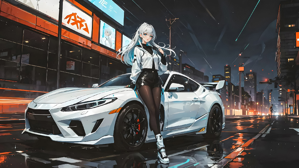 都市赛车少女 白色跑车 雨夜_7d19ef154a04