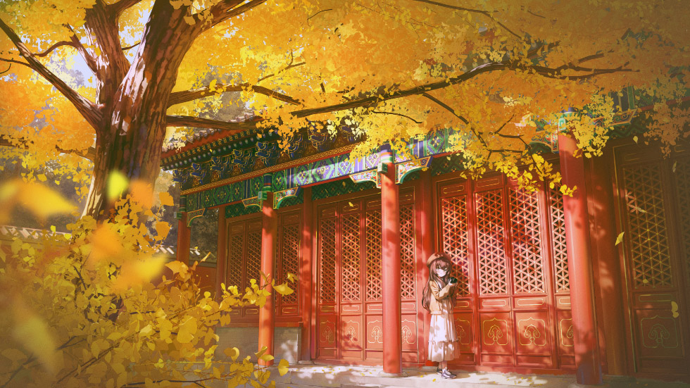 金黄银杏叶 红墙古建筑_2dea8c589fdf