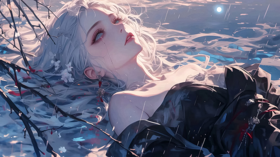 银发泪眸少女 雨夜水波 凄美氛围_44e39d30607a