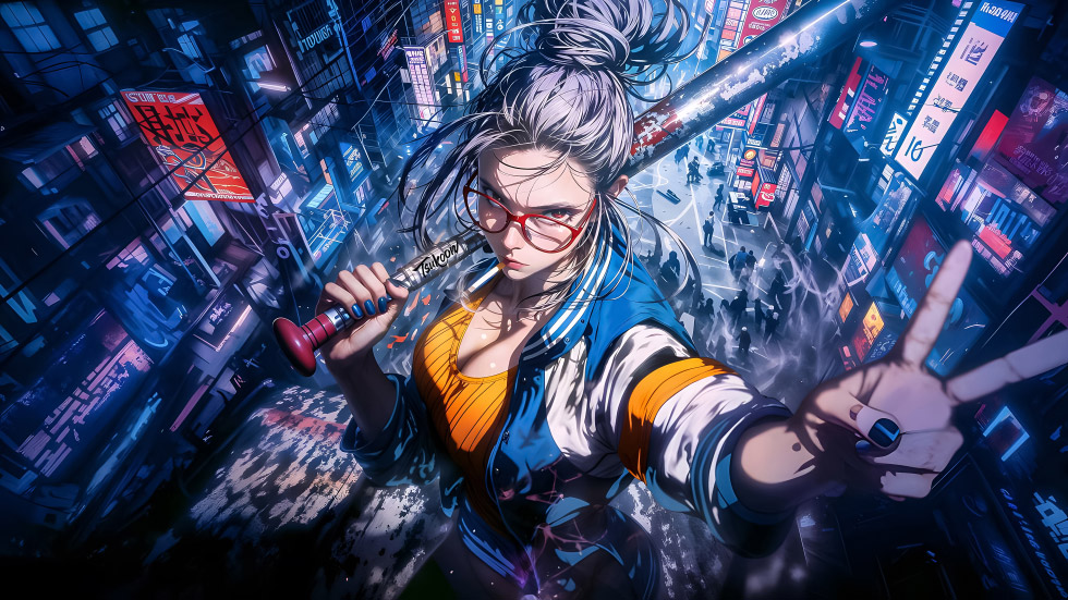 银发红镜的少女肩扛棒球棍 酷飒姿态_a19589ad0969